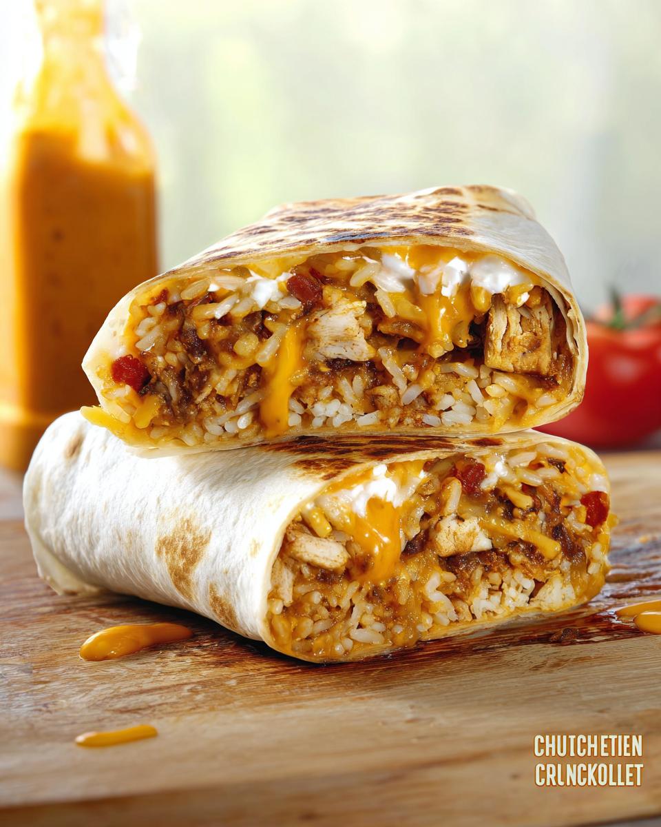 A Chicken Crunch Wrap cut in half to reveal layers of chicken, rice, cheese, and sour cream.