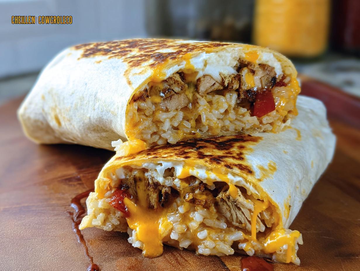 A cross-section of a Chicken Crunch Wrap showing seasoned chicken, rice, melted cheese, and red peppers.
