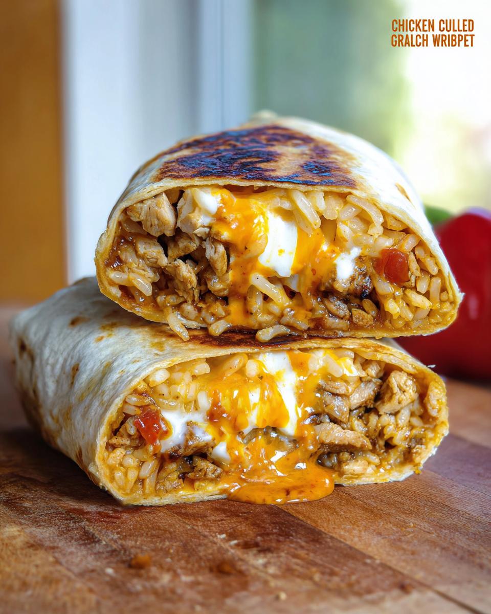 A close-up of a Chicken Crunch Wrap cut in half, revealing seasoned chicken, rice, and melted cheese.
