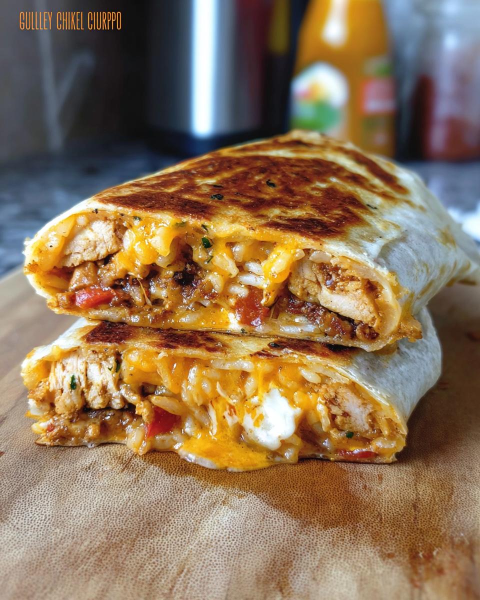 A close-up of a grilled Chicken Crunch Wrap, cut in half to reveal juicy chicken, rice, and melted cheese.