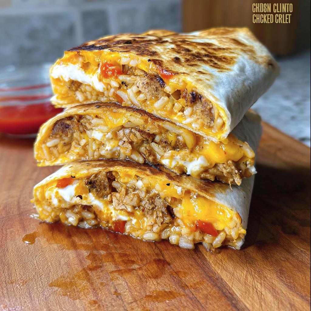 A stack of three cut slices of a Chicken Crunch Wrap, revealing the filling of shredded chicken, rice, cheese, and peppers.