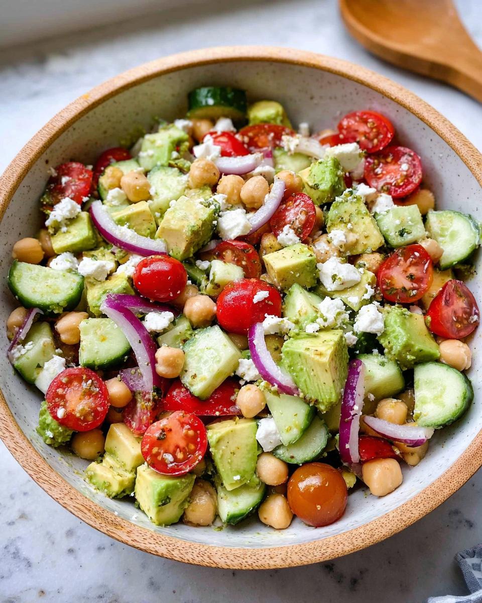 A vibrant bowl of Chickpea Feta Avocado Salad, featuring diced avocado, cherry tomatoes, cucumber, red onion, feta cheese, and chickpeas.