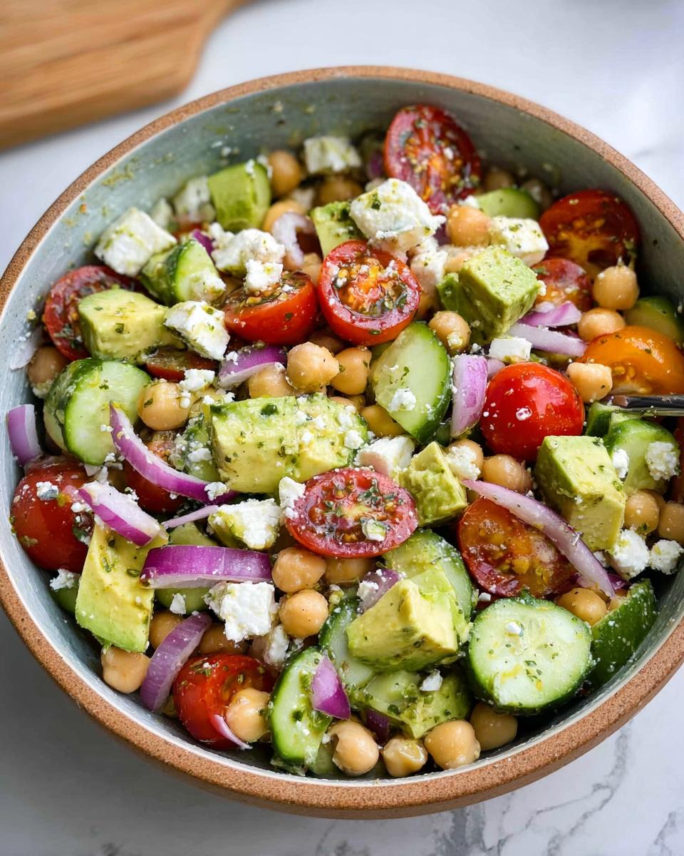 A close-up of a vibrant Chickpea Feta Avocado Salad in a rustic bowl, packed with fresh ingredients.