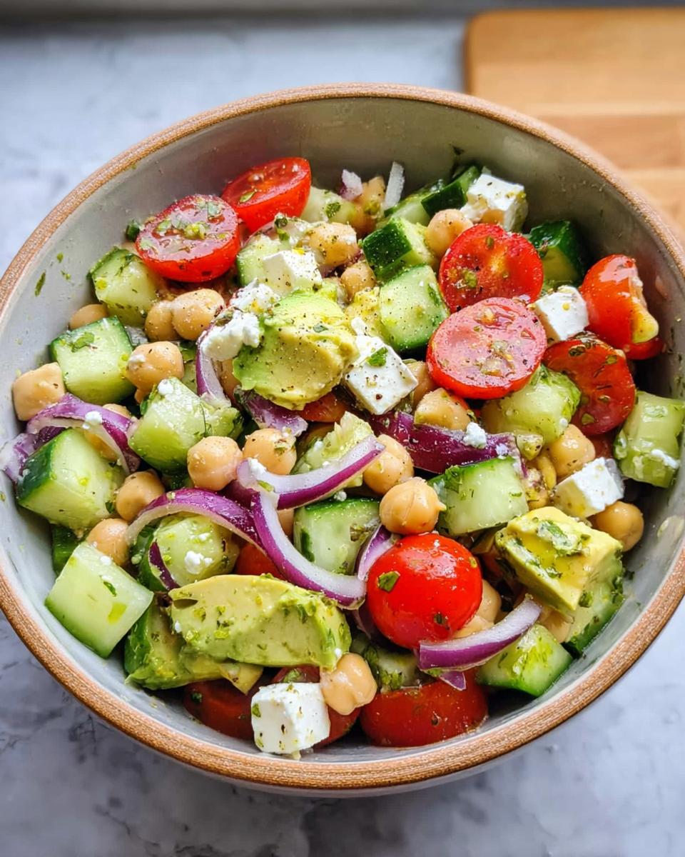 A vibrant bowl of Chickpea Feta Avocado Salad with cherry tomatoes, cucumber, red onion, and feta cheese.