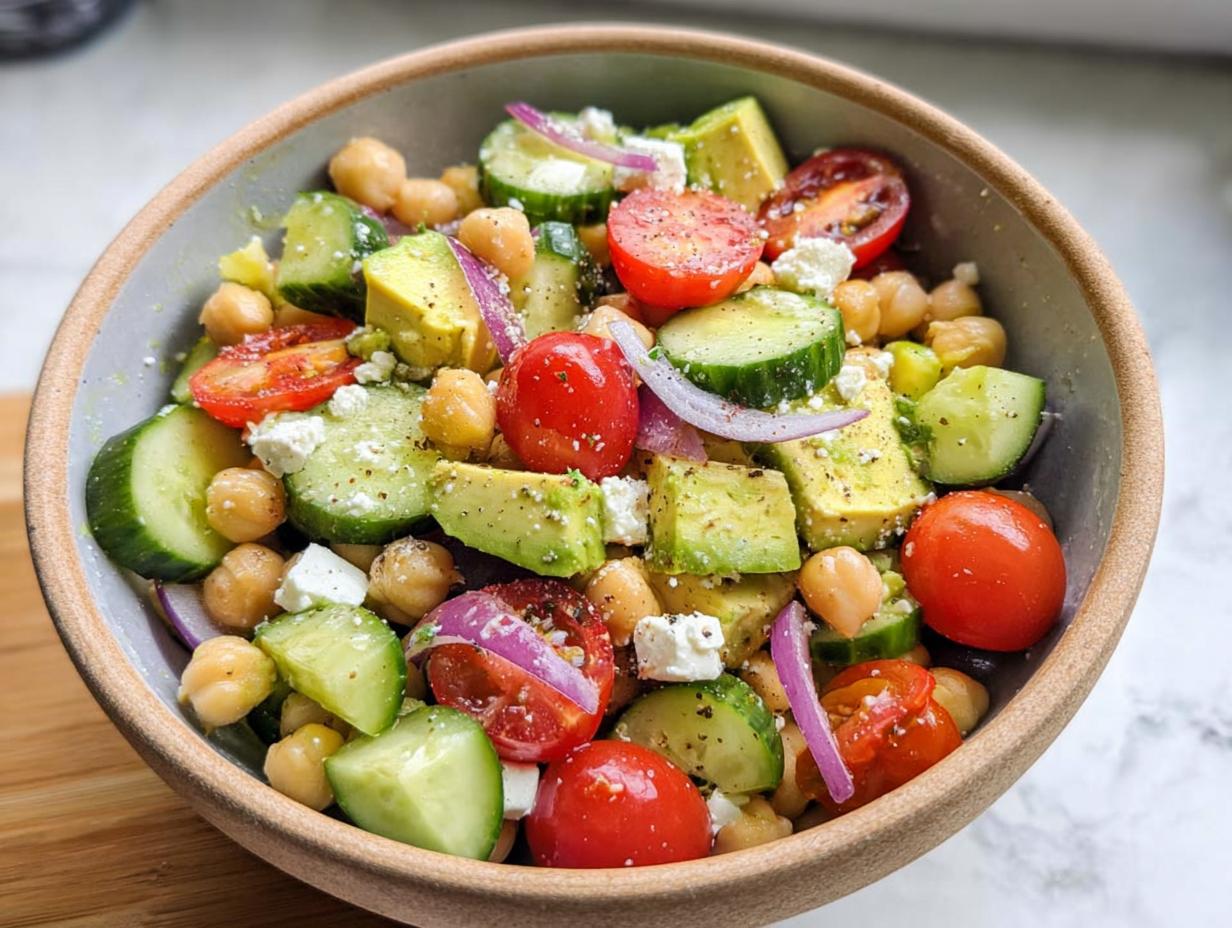 A vibrant bowl of Chickpea Feta Avocado Salad with cherry tomatoes, cucumber, red onion, and feta cheese.