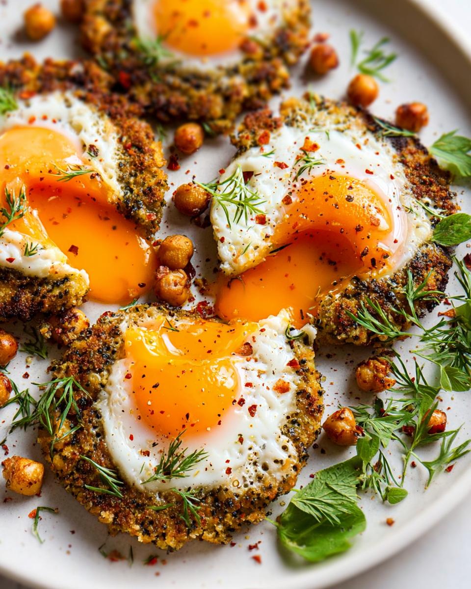 Close-up of a Chickpea Fried Eggs recipe dish, featuring fried eggs with runny yolks on a crispy chickpea base, garnished with herbs and chili flakes.