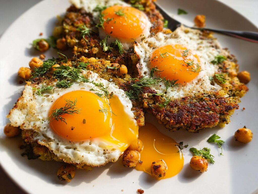 Three perfectly fried eggs served atop savory chickpea patties, garnished with fresh dill and parsley.