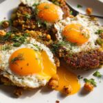Three perfectly fried eggs served atop savory chickpea patties, garnished with fresh dill and parsley.