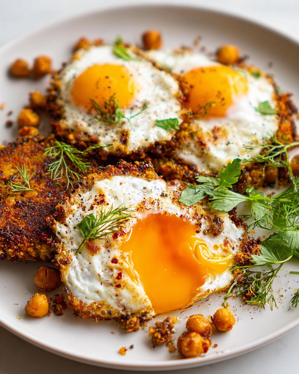 Close-up of a plate with chickpea fried eggs, garnished with fresh herbs and chickpeas.