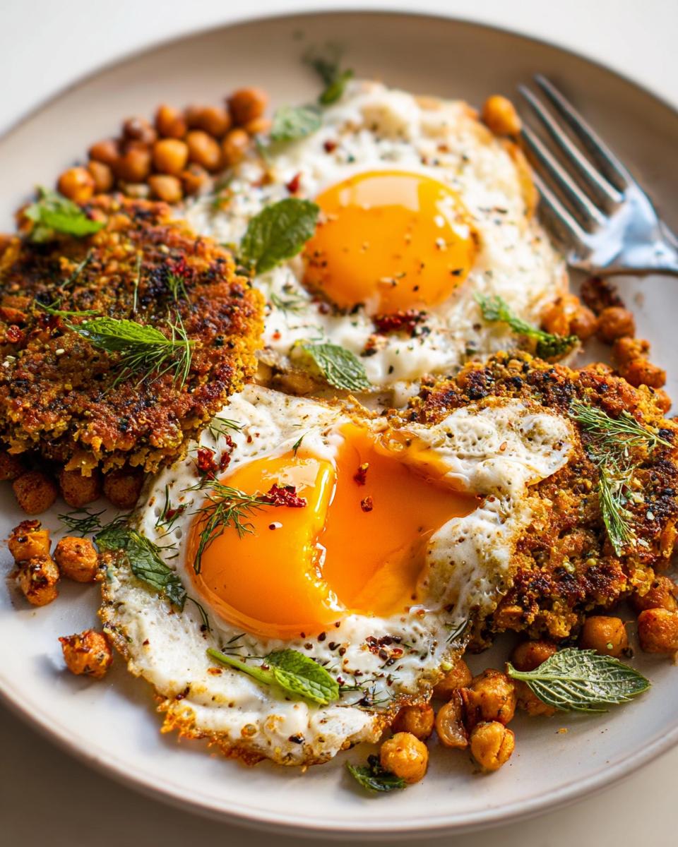 Close-up of a plate with a Chickpea Fried Eggs Recipe, featuring two sunny-side-up eggs, chickpea patties, and roasted chickpeas.