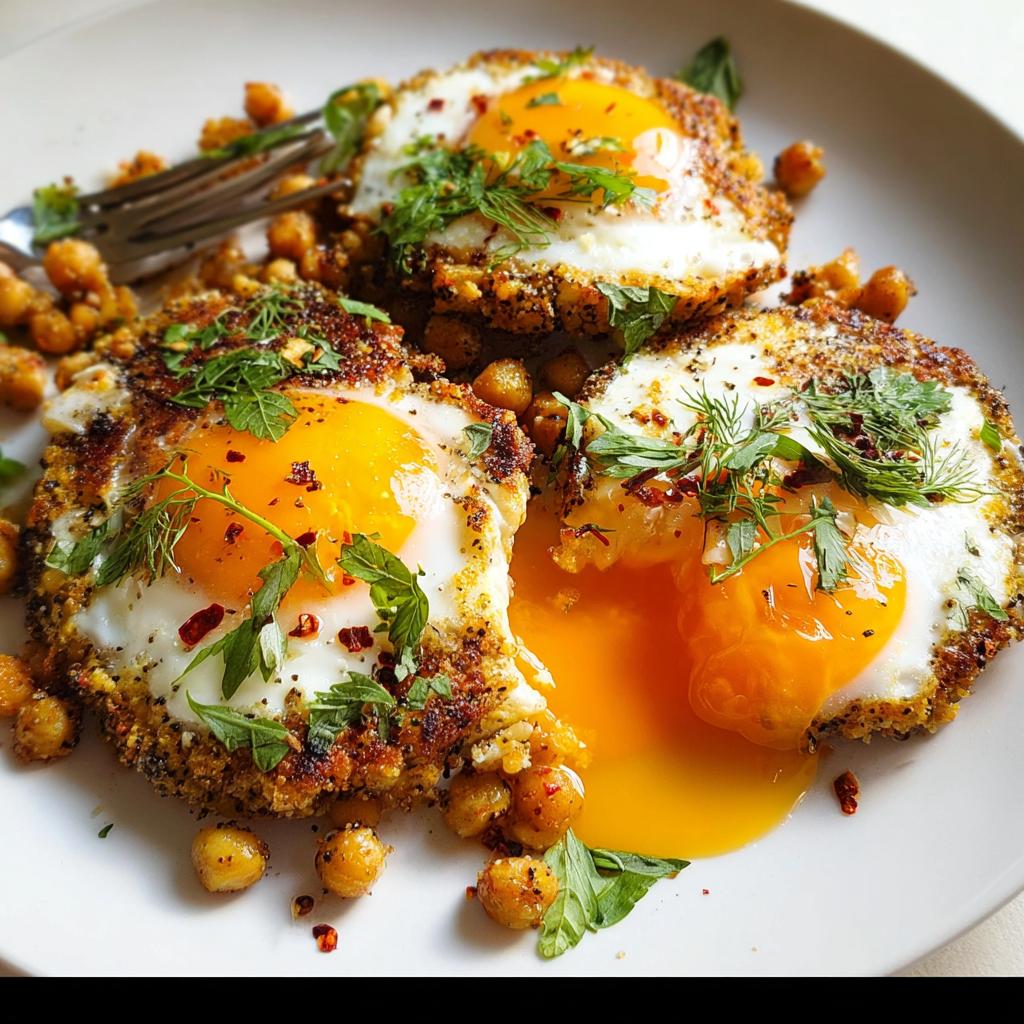 Three perfectly cooked chickpea fried eggs on a plate, with runny yolks and surrounded by crispy chickpeas and fresh herbs.