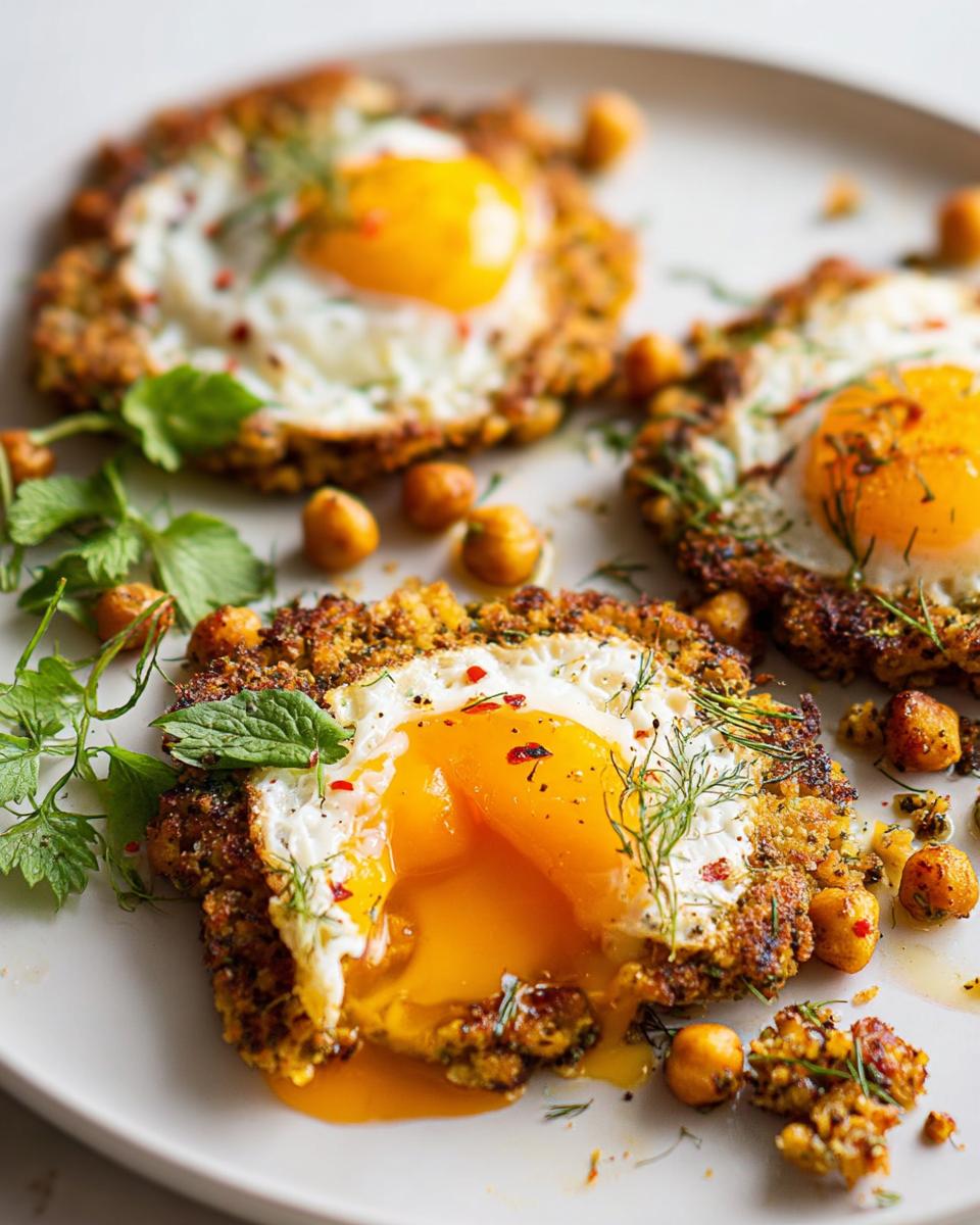 Close-up of a perfectly cooked chickpea fried egg with a runny yolk, garnished with herbs and chickpeas.