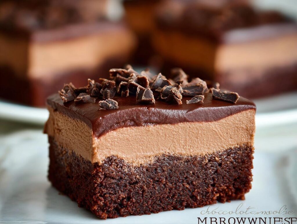 A close-up of a rich Chocolate Mousse Brownie slice, featuring a dense brownie base, creamy mousse layer, chocolate ganache, and chocolate shavings.