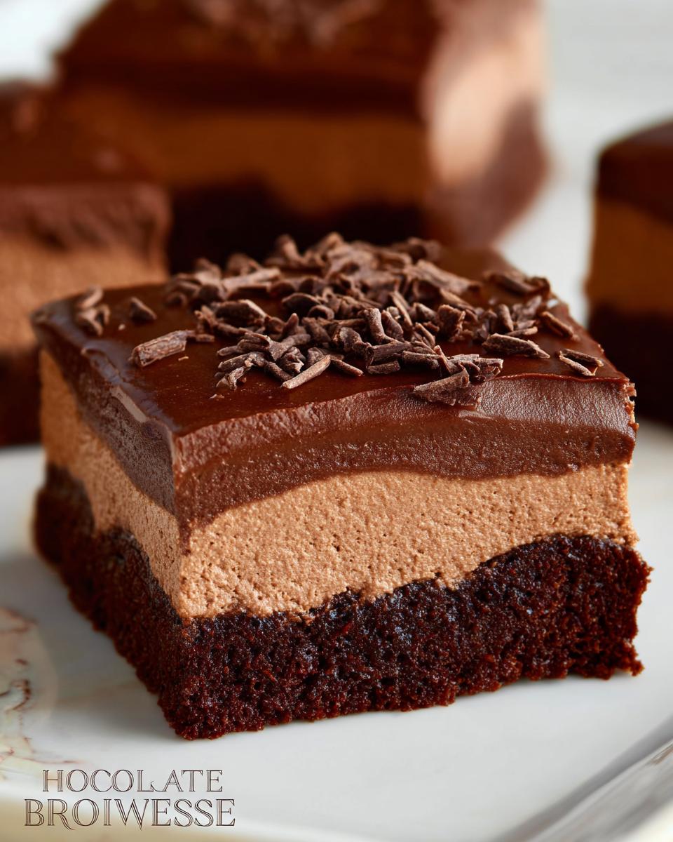 A decadent slice of Chocolate Mousse Brownies, featuring a rich brownie base, creamy chocolate mousse, and a glossy chocolate ganache topping.