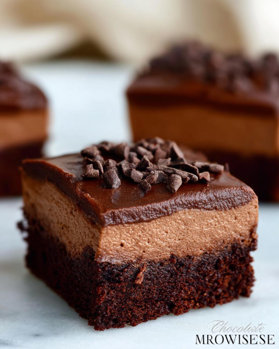A decadent slice of Chocolate Mousse Brownies, featuring a rich brownie base topped with smooth chocolate mousse and chocolate shavings.
