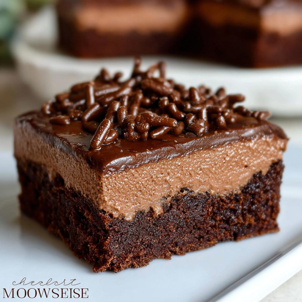 A decadent slice of Chocolate Mousse Brownies, featuring a rich brownie base topped with smooth chocolate mousse and chocolate sprinkles.