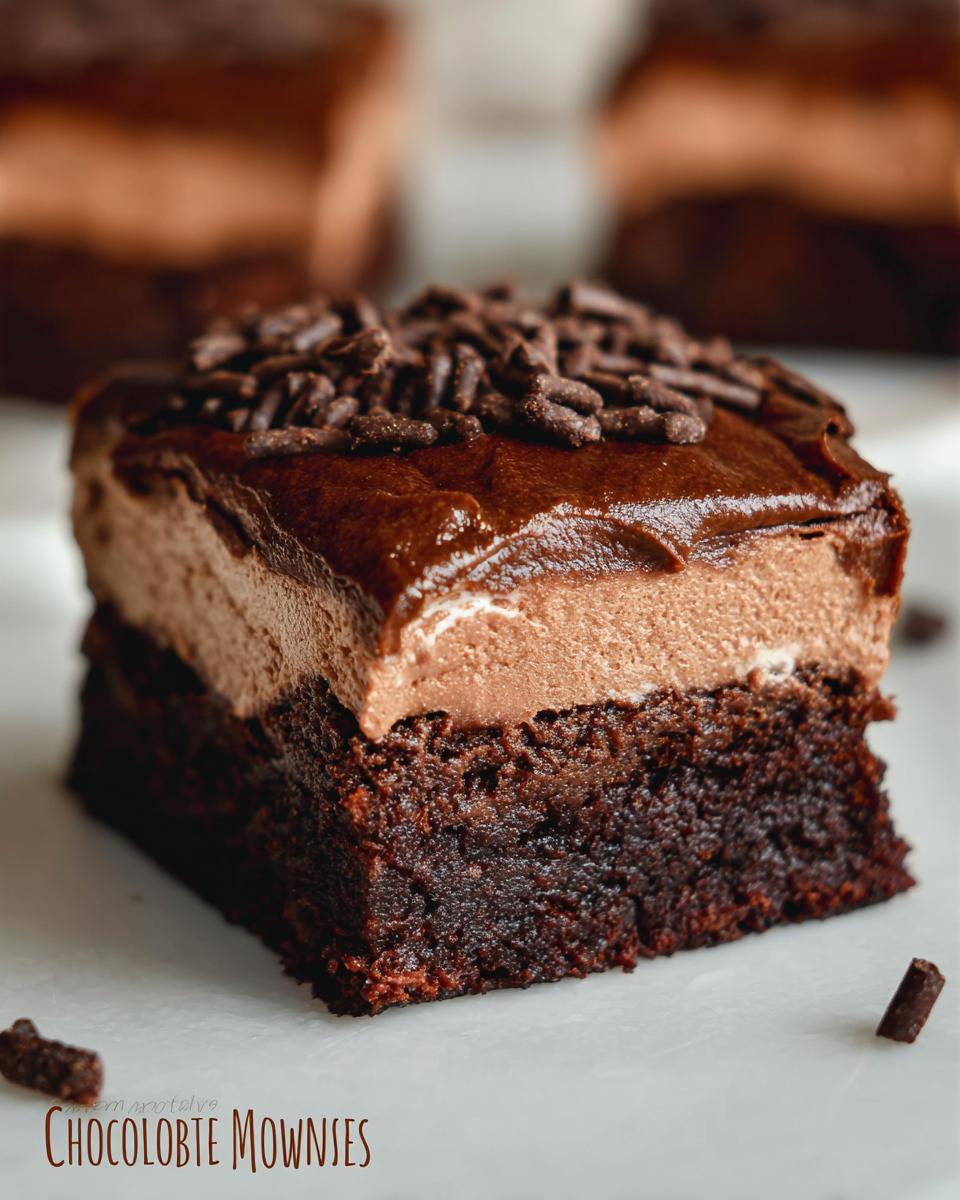 A close-up of a rich Chocolate Mousse Brownie topped with chocolate ganache and sprinkles.