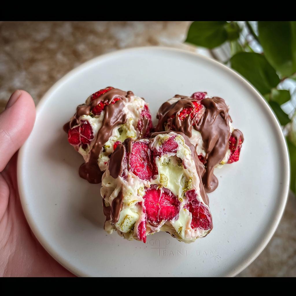 Three chocolate strawberry yogurt clusters on a white plate, showcasing dried strawberries and yogurt mixture drizzled with chocolate.