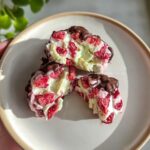 Close-up of Chocolate Strawberry Yogurt Clusters, showing creamy yogurt, dried strawberries, and dark chocolate.