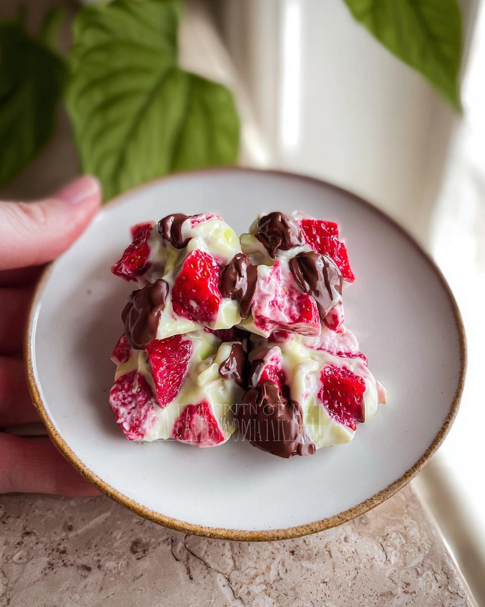A pile of delicious Chocolate Strawberry Yogurt Clusters on a white plate, showcasing fresh strawberries and dark chocolate drizzle.