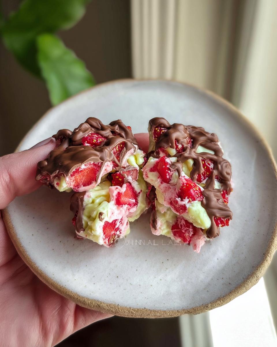 Close-up of Chocolate Strawberry Yogurt Clusters, showing pieces of fresh strawberries mixed with yogurt and drizzled with chocolate.