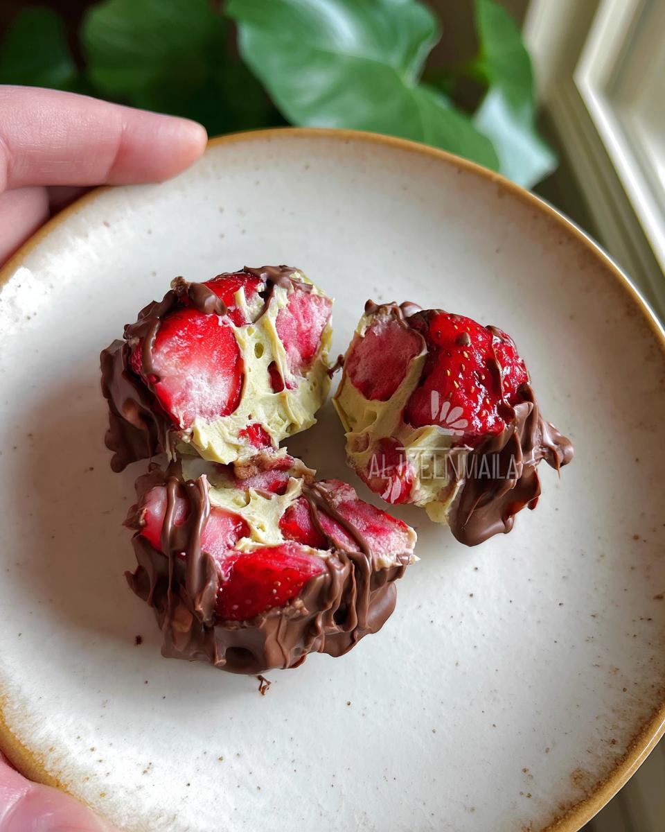 Close-up of Chocolate Strawberry Yogurt Clusters, showing fresh strawberries coated in chocolate and yogurt.