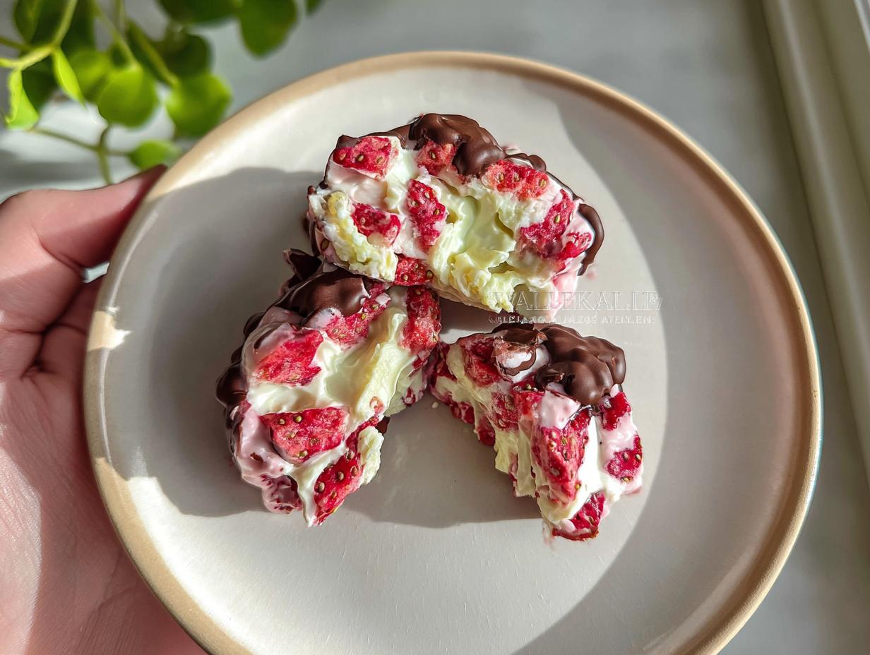 Close-up of Chocolate Strawberry Yogurt Clusters, showing creamy yogurt, dried strawberries, and dark chocolate.
