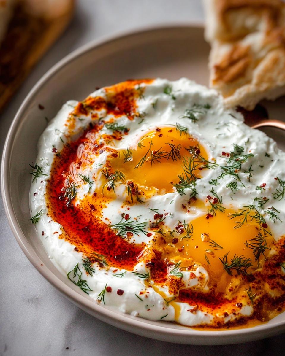 Close-up of Çılbır: Turkish Eggs served in creamy yogurt, drizzled with chili butter and dill.