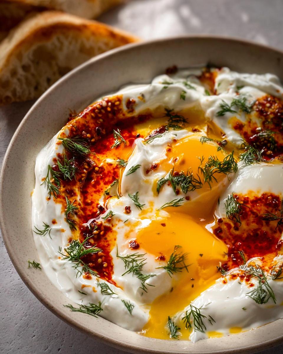Close-up of Çılbır: Turkish Eggs with creamy yogurt, drizzled with chili butter and fresh dill.