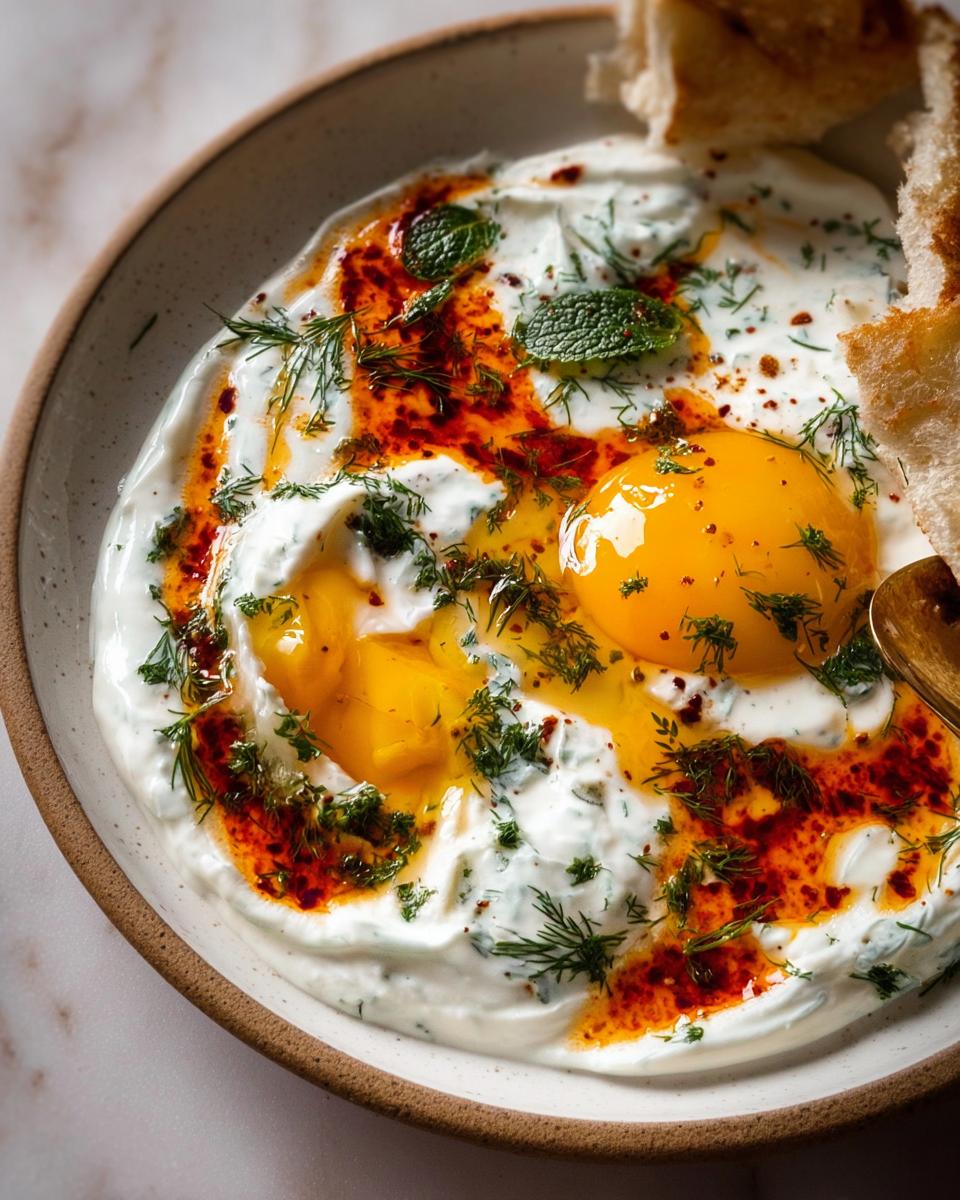A close-up of Çılbır, Turkish eggs served on creamy yogurt with a drizzle of chili butter and fresh herbs.