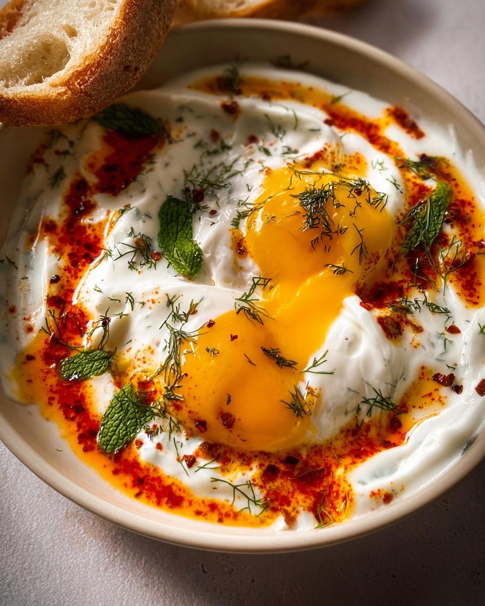 A close-up of Çılbır, Turkish eggs served over creamy yogurt with a chili butter sauce and fresh herbs.