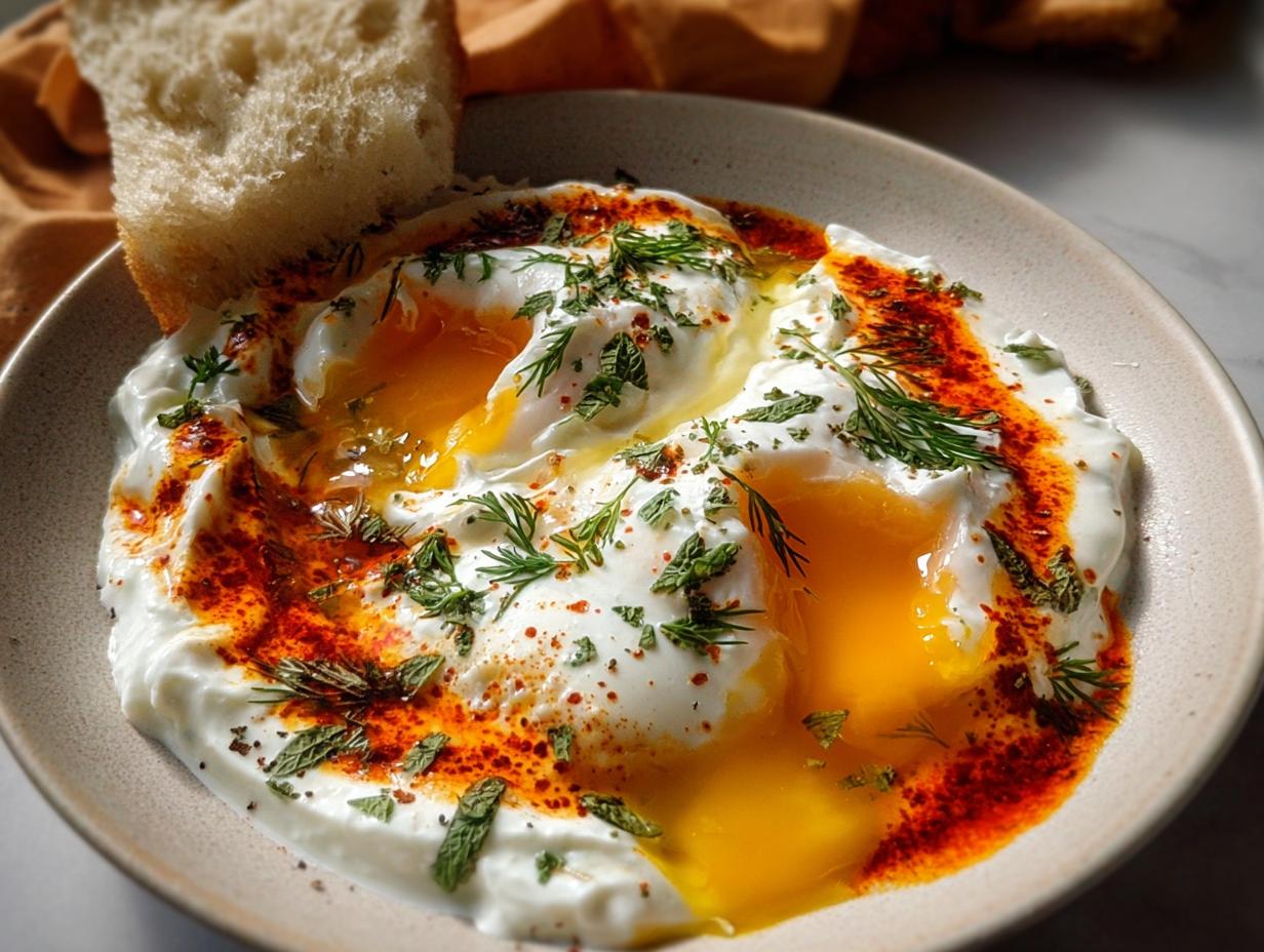 Close-up of Çılbır: Turkish eggs poached in creamy yogurt, drizzled with spiced butter and fresh herbs, served with bread.