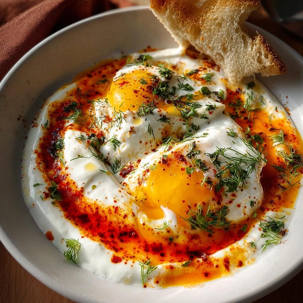 A close-up of Çılbır, featuring two perfectly poached eggs nestled in creamy yogurt, drizzled with chili butter and fresh herbs, with a piece of toast.
