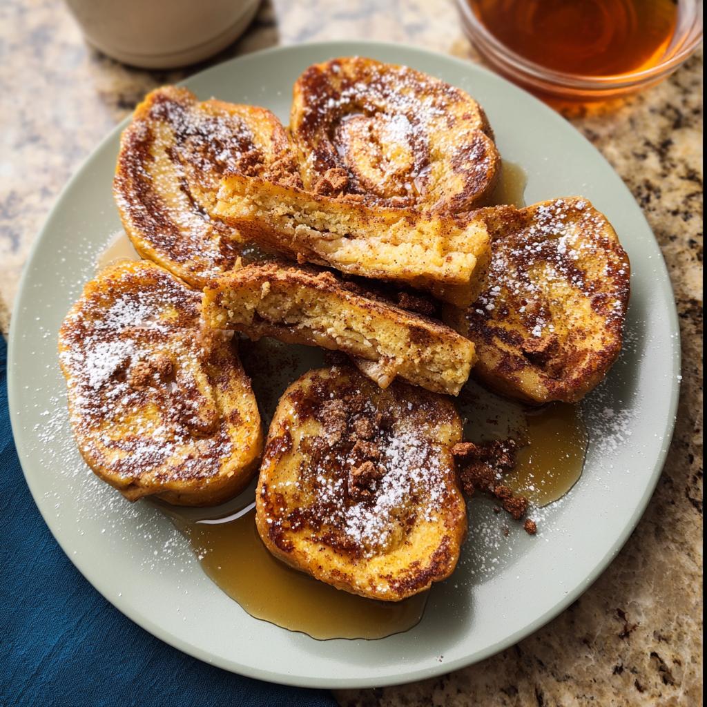A plate of golden brown Cinnamon Roll French Toast Bites, dusted with powdered sugar and drizzled with syrup.