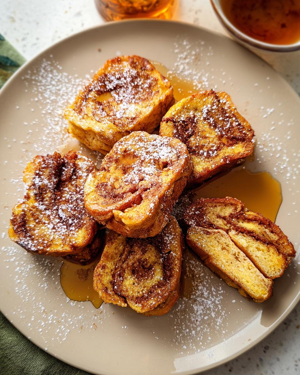 A plate of golden-brown Cinnamon Roll French Toast Bites, dusted with powdered sugar and drizzled with syrup.