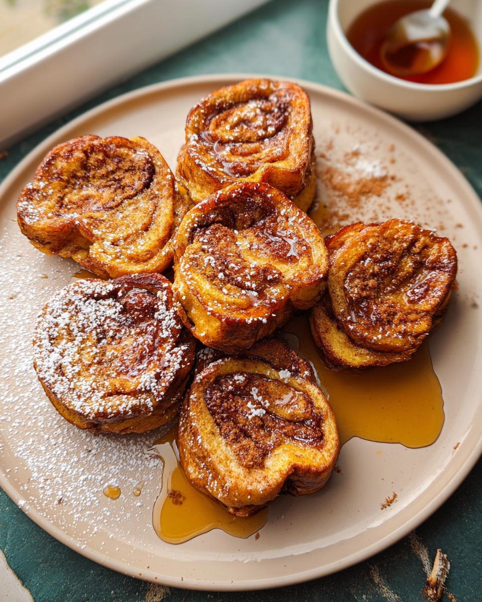 A plate of golden-brown Cinnamon Roll French Toast Bites drizzled with syrup and dusted with powdered sugar.
