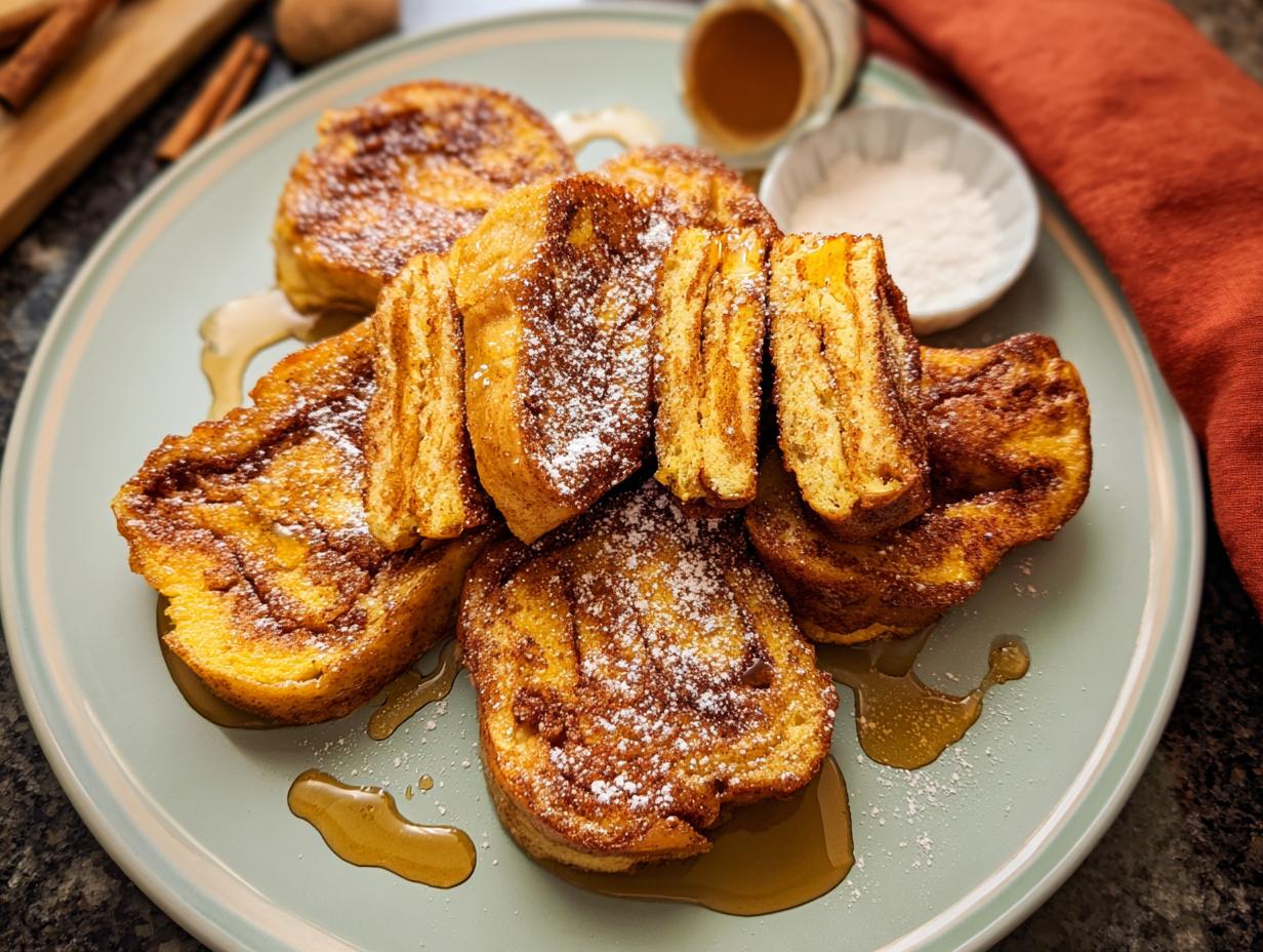A plate of golden-brown Cinnamon Roll French Toast Bites drizzled with syrup and dusted with powdered sugar.