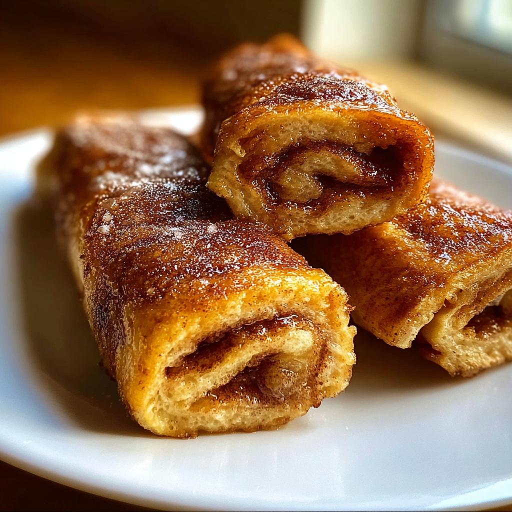 Close-up of three Cinnamon Roll French Toast Roll-Ups dusted with sugar on a white plate.