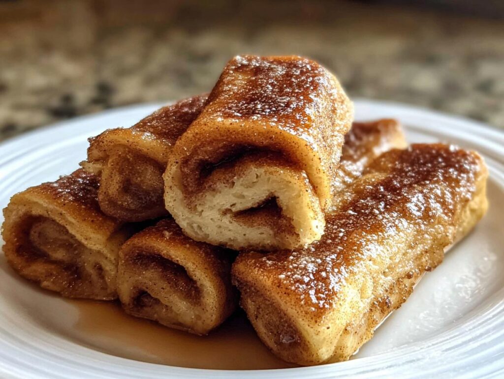 A stack of golden-brown Cinnamon Roll French Toast Roll-Ups dusted with powdered sugar and cinnamon.