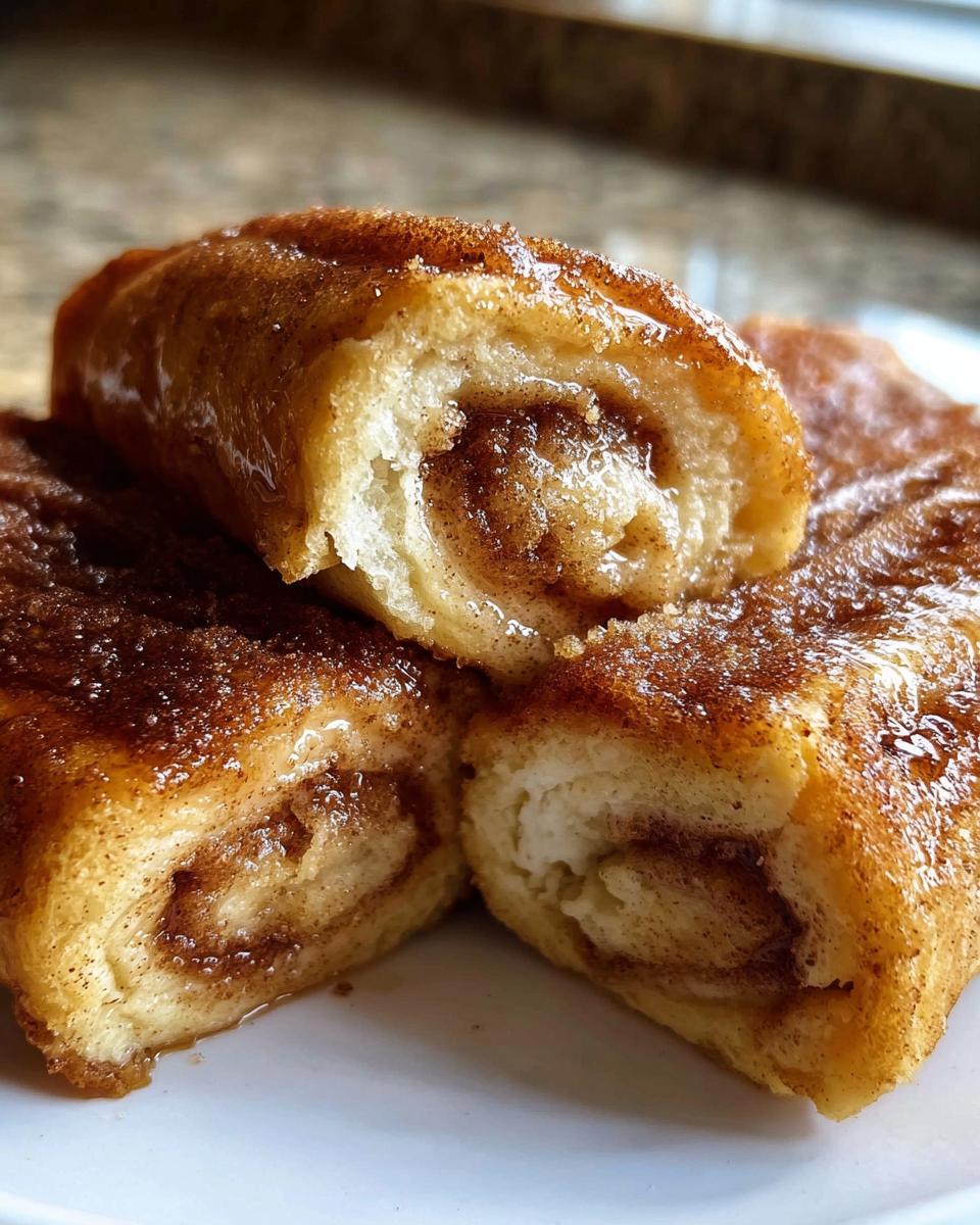 A close-up of three Cinnamon Roll French Toast Roll-Ups on a white plate, showing the swirled cinnamon filling.