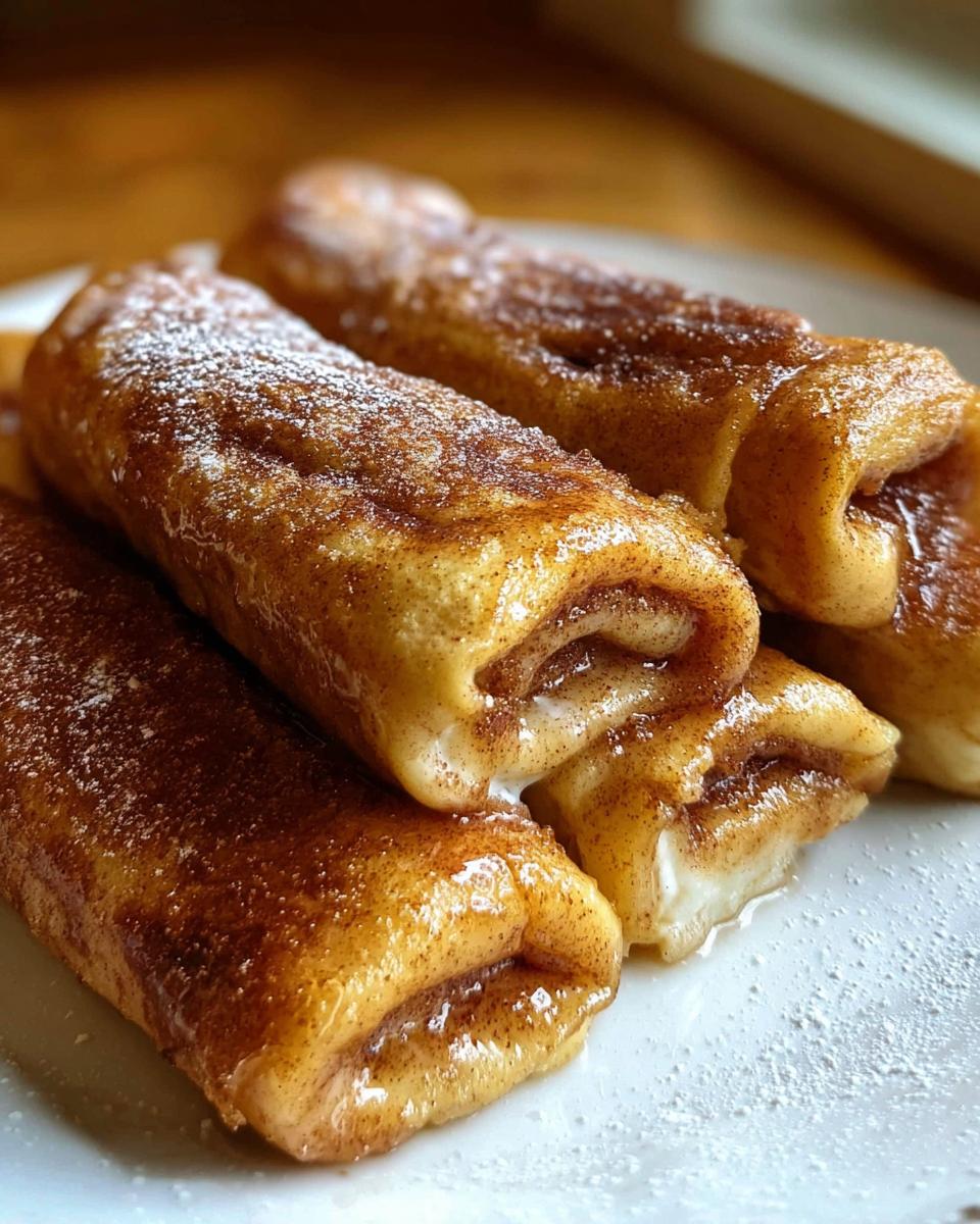 Close-up of Cinnamon Roll French Toast Roll-Ups dusted with powdered sugar and cinnamon.