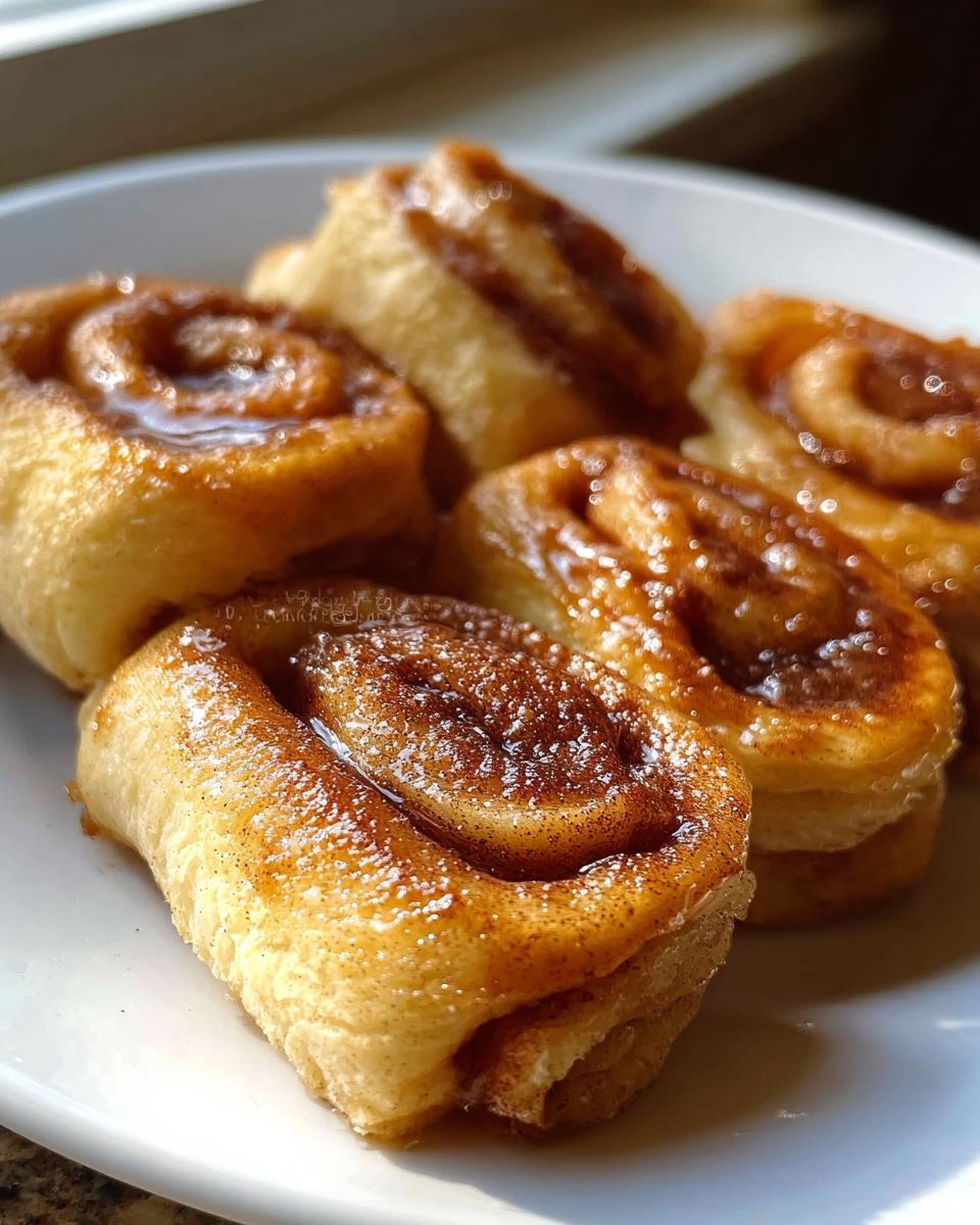 Close-up of delicious Cinnamon Roll French Toast Roll-Ups, glistening with syrup and sprinkled with cinnamon.