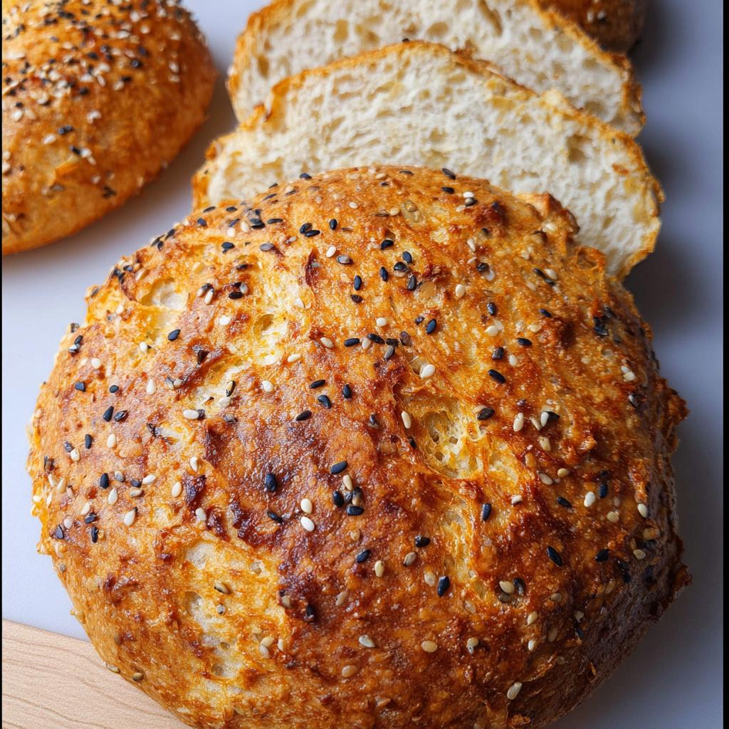 Close-up of a freshly baked cottage cheese flagel, topped with sesame and black seeds, with slices in the background.