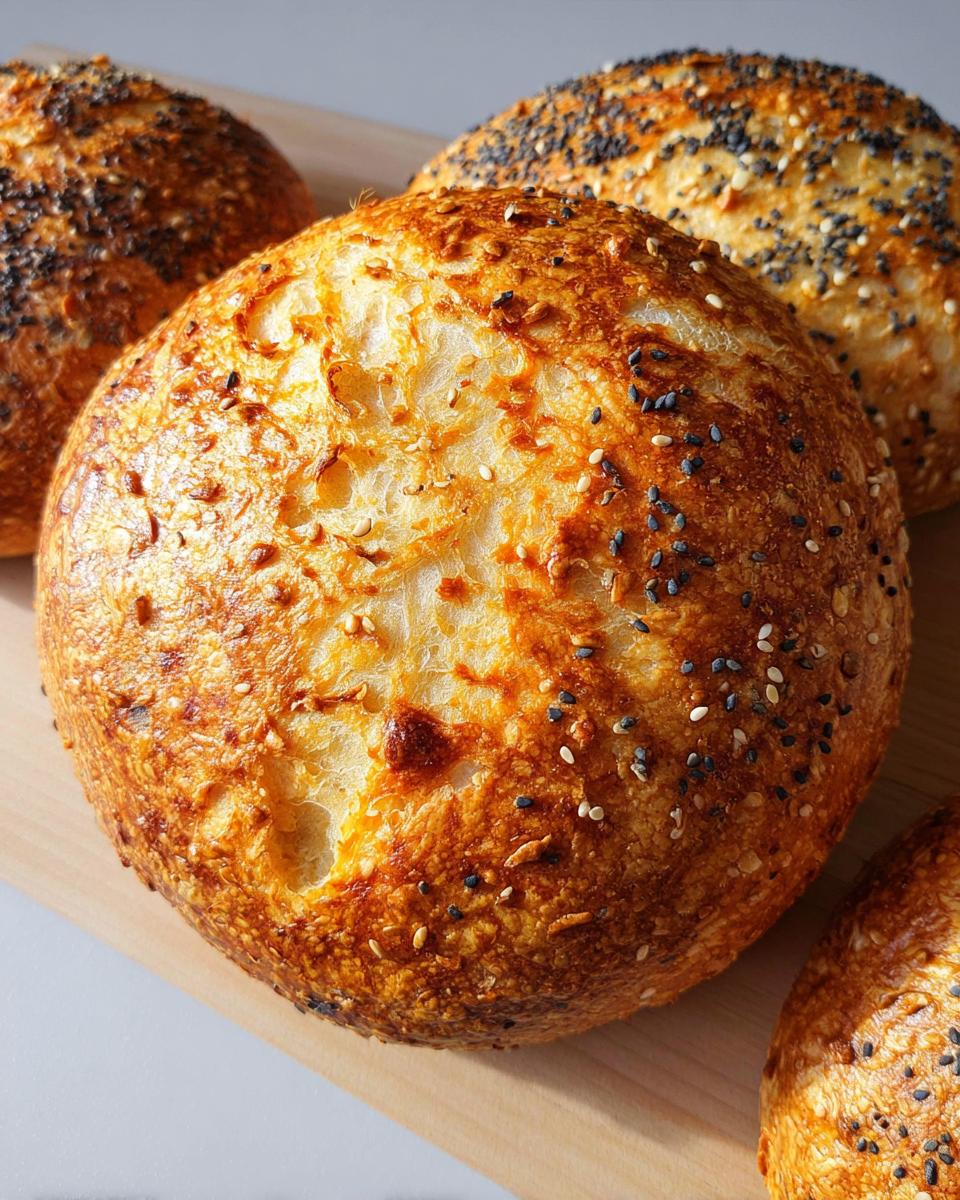 Close-up of golden-brown cottage cheese flagels topped with sesame and black seeds, ready to be enjoyed.