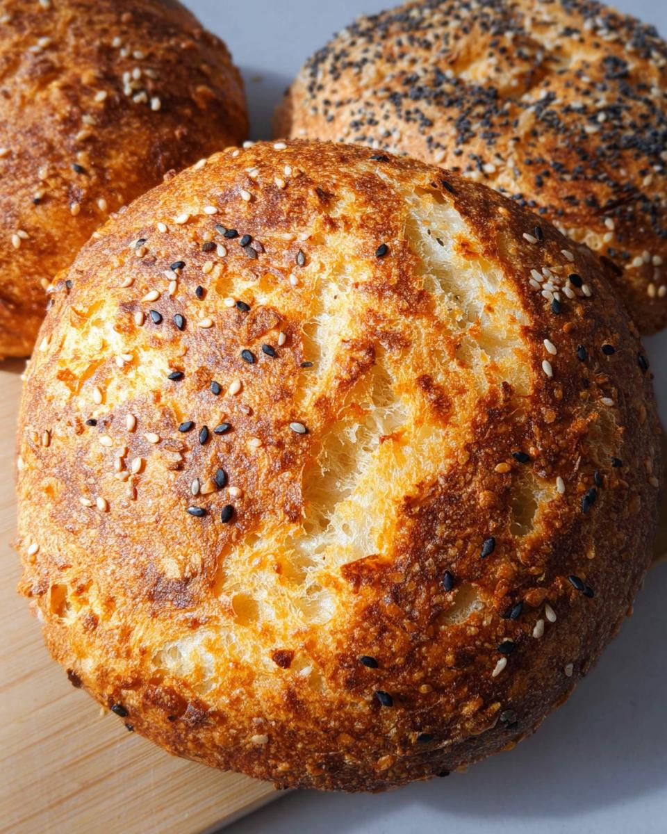 Close-up of golden-brown cottage cheese flagels topped with white and black sesame seeds.