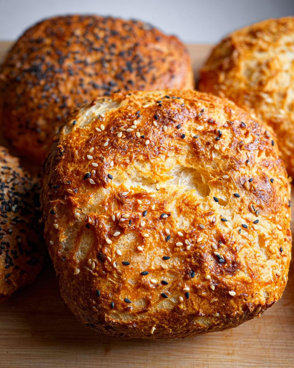 Close-up of golden-brown cottage cheese flagels topped with sesame and black seeds.
