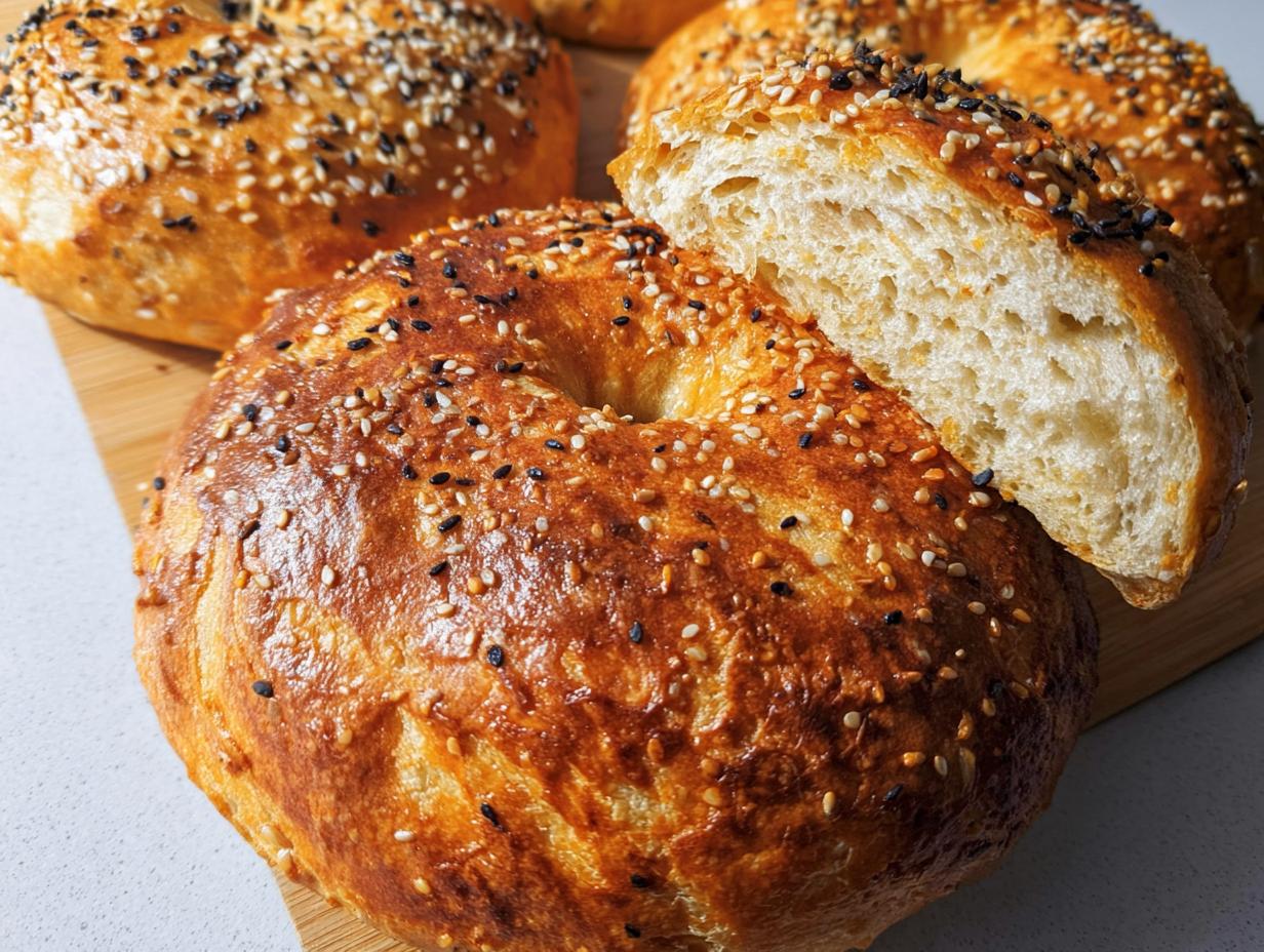 Close-up of golden brown cottage cheese flagels topped with sesame and black seeds, one sliced to show the fluffy interior.