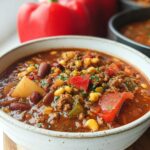 A bowl of hearty Cowboy Soup filled with ground beef, kidney beans, corn, diced tomatoes, and potatoes, garnished with parsley.