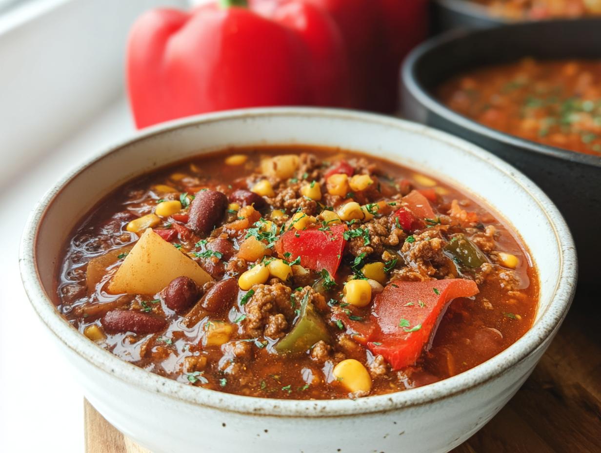 A bowl of hearty Cowboy Soup filled with ground beef, kidney beans, corn, diced tomatoes, and potatoes, garnished with parsley.