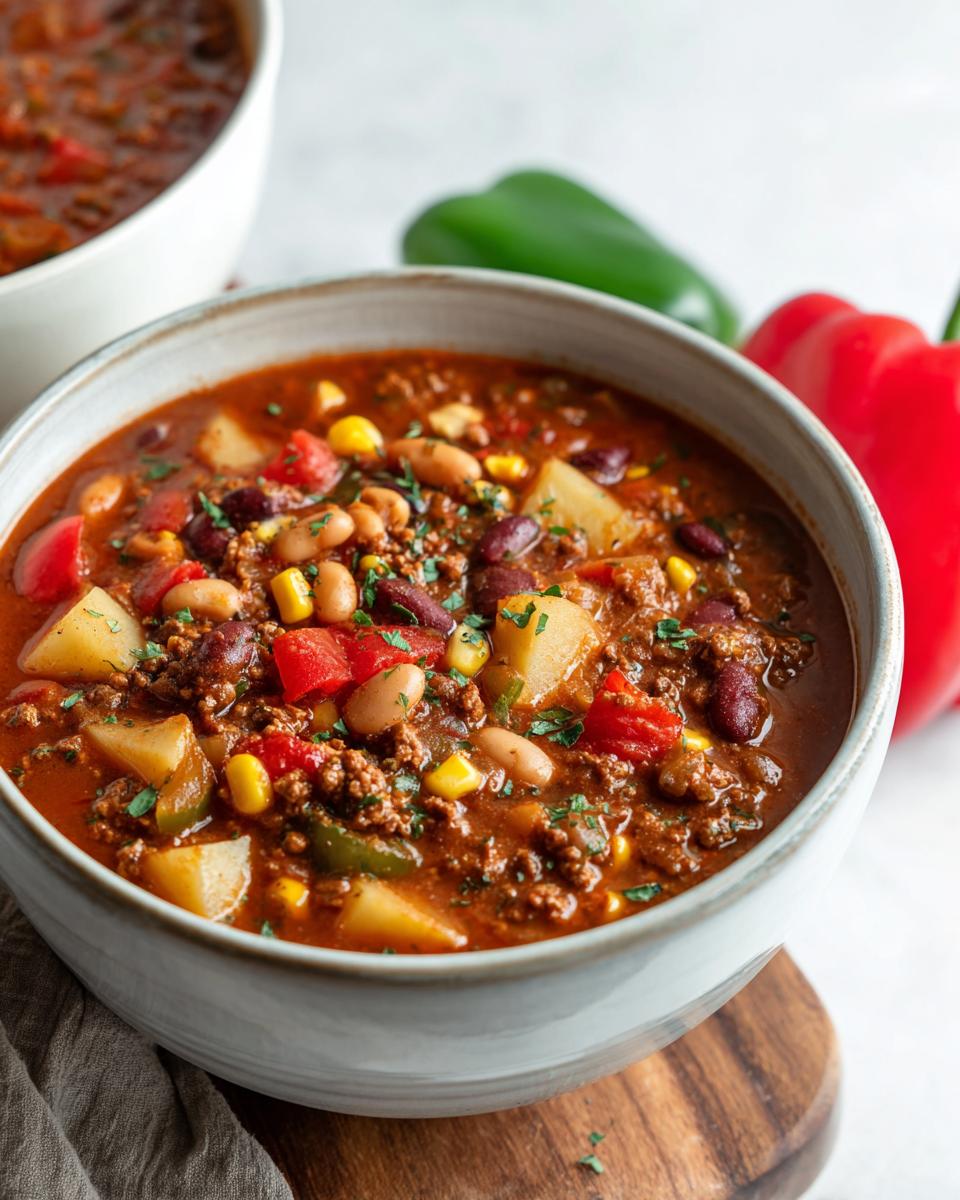A close-up of a bowl of hearty Cowboy Soup, filled with ground beef, potatoes, beans, corn, and peppers.